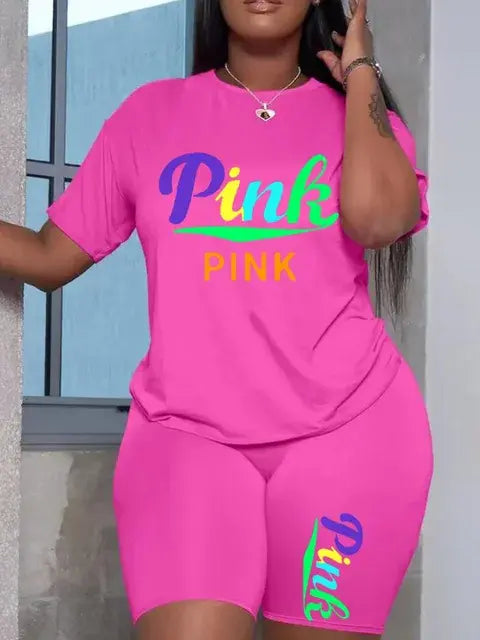 Plus Size Pink Letter Print Casual Two Piece Shorts Set